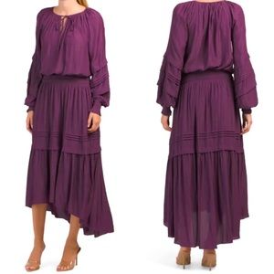 RAMY BROOK TROPEZ LONG SLEEVE SMOCKED HI-LOW MIDI DRESS RAISIN PURPLE SIZE M NEW
